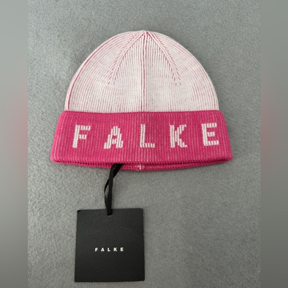 Falke Germany Beanie Hat Unisex Pink Ski Logo Merino Wool Blend Ribbed Sporty
